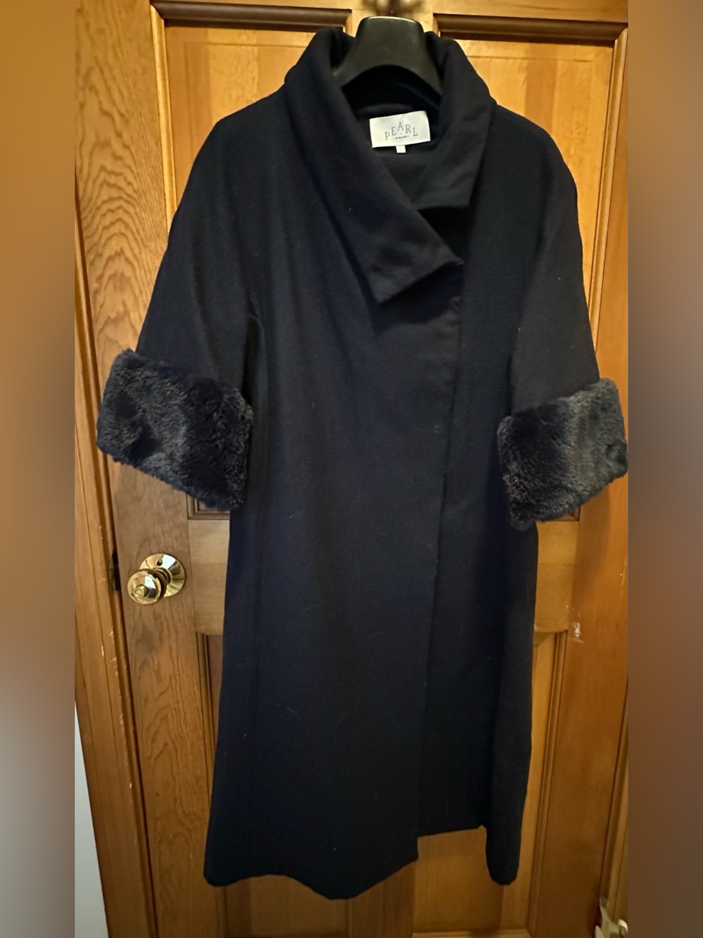Pearl Black Faux-Fur Cuff Wool Coat